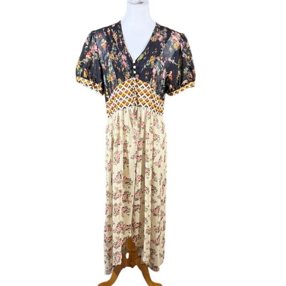 V‎ Cristina Mixed Floral Print Maxi Dress Black Cream Boho High-Low Size L